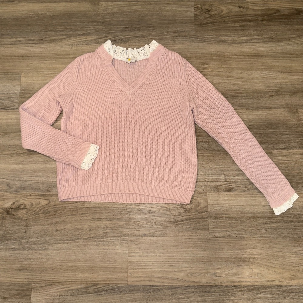 Boden Pink Ribbed Knit Eyelet Lace Trim V-Neck Sweater Wool Alpaca Blend US 8